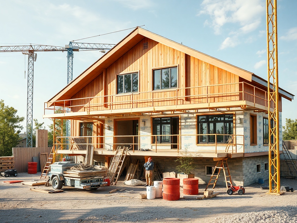 Стройка нового деревянного дома с рабочими, строительным лесами и кранами на фоне чистого неба.