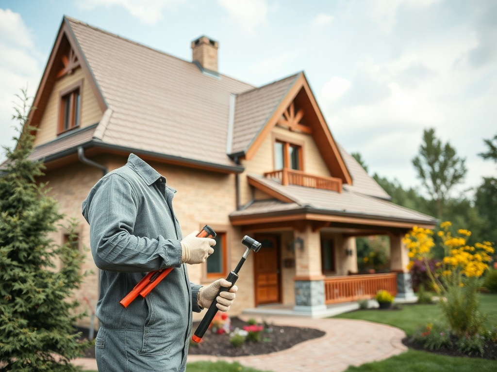 На фоне дома работник с инструментами, без головы, стоит в ухоженном саду.