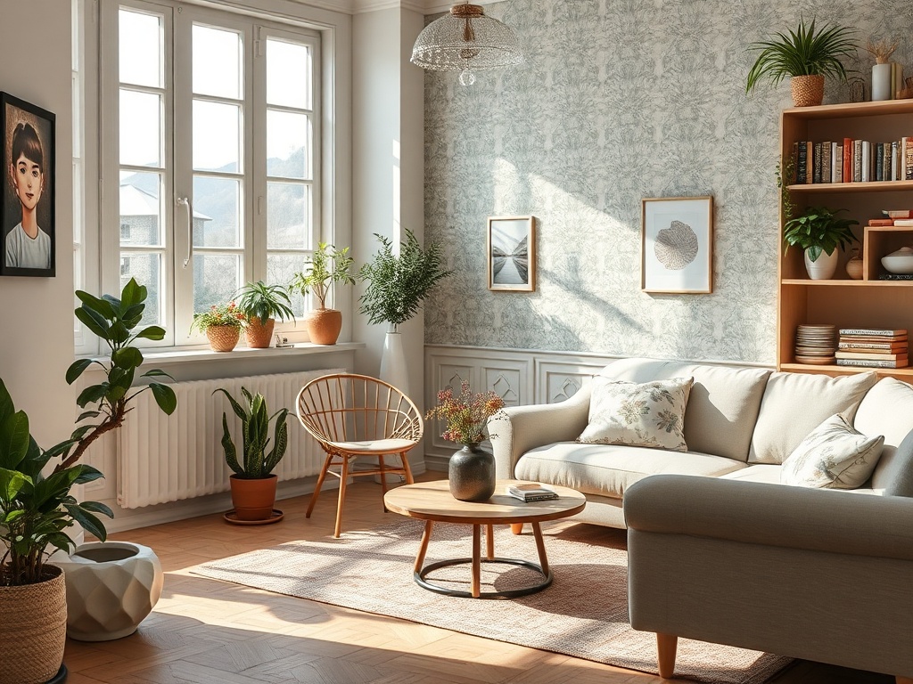 Светлая гостиная с растениями, уютной мебелью и большими окнами, наполненная солнечным светом.
