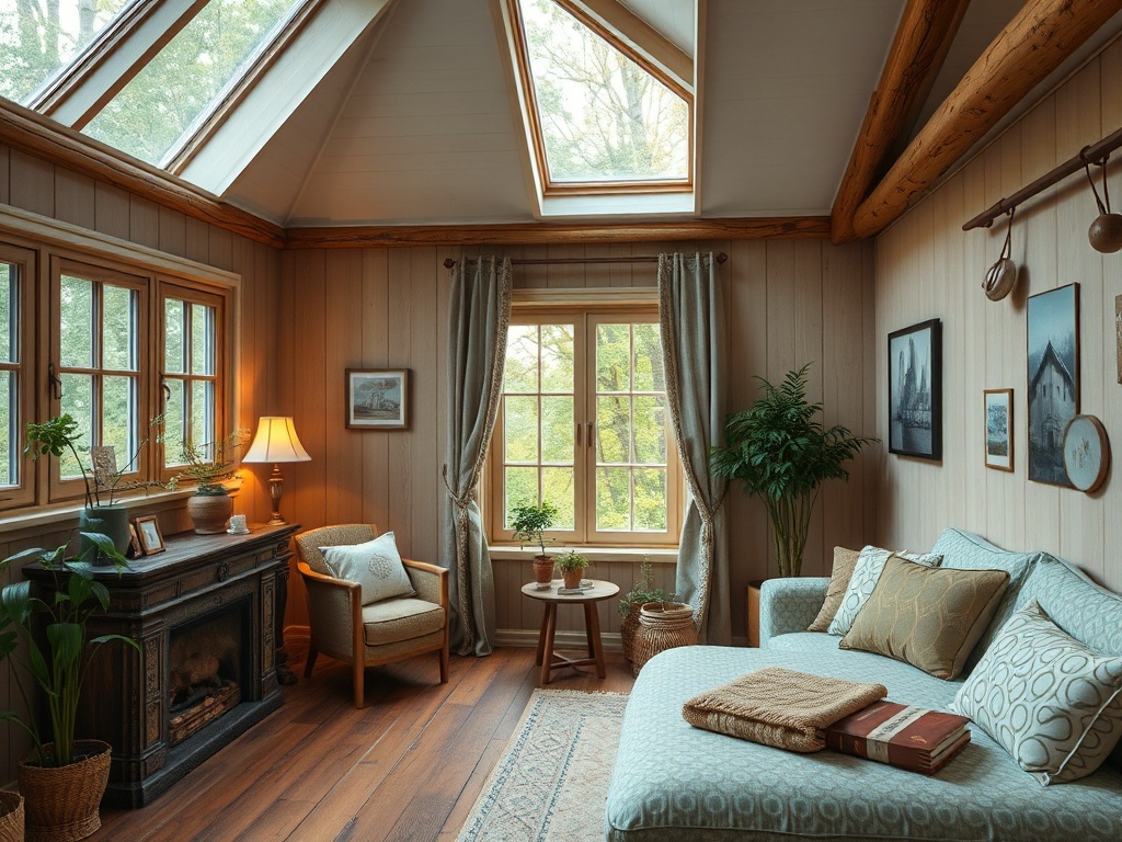 Уютная комната с большими окнами, мягкой мебелью и зелеными растениями, наполненная светом и атмосферой спокойствия.