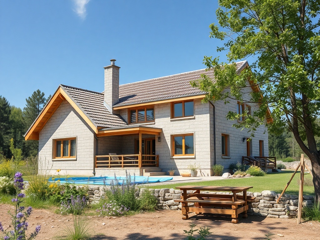 Чистый загородный дом с деревянными элементами, окружённый зеленью и цветами под ясным синим небом.