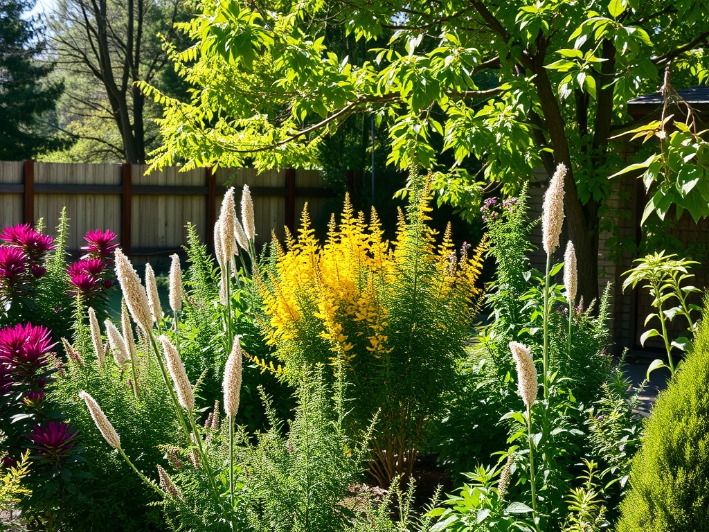 Яркие цветы в саду на фоне зелёных деревьев и забора, солнечный день.
