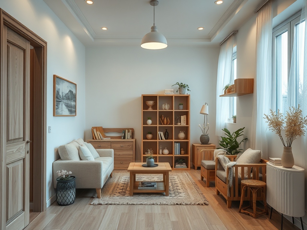 Светлая гостиная с деревянной мебелью, растениями и уютным декором. Чистота и комфорт в интерьере.