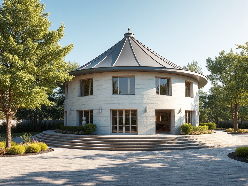 Круглый дом с лицензией, окружённый зелеными деревьями и ухоженным ландшафтом. ясный солнечный день.