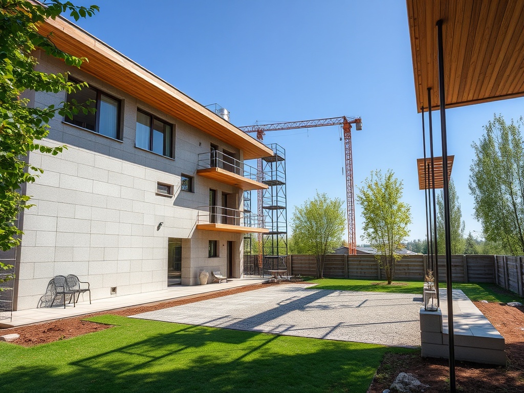 Современный дом с террасой, зеленым газоном и строительным краном на фоне ясного неба.