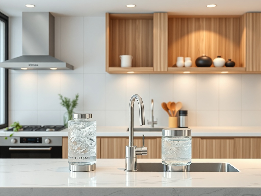 Современная кухня с мраморной столешницей и прозрачными контейнерами для воды. Деревянные шкафчики на фоне.