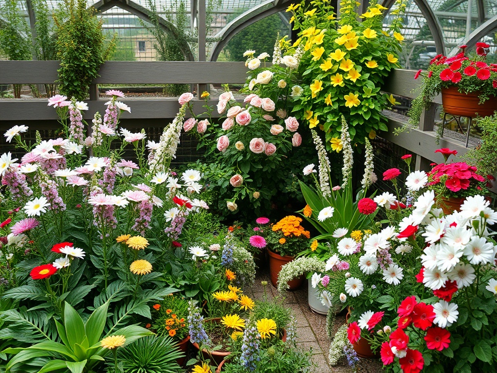 Яркий цветник с разнообразными цветами, включая розы, васильки и герберы, среди зелени и растительности.