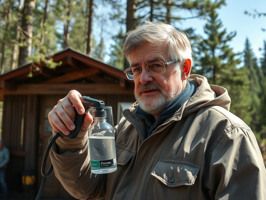 Мужчина в куртке держит банку с водой на фоне леса и хижины. Смотрит в камеру, выражение серьезное.
