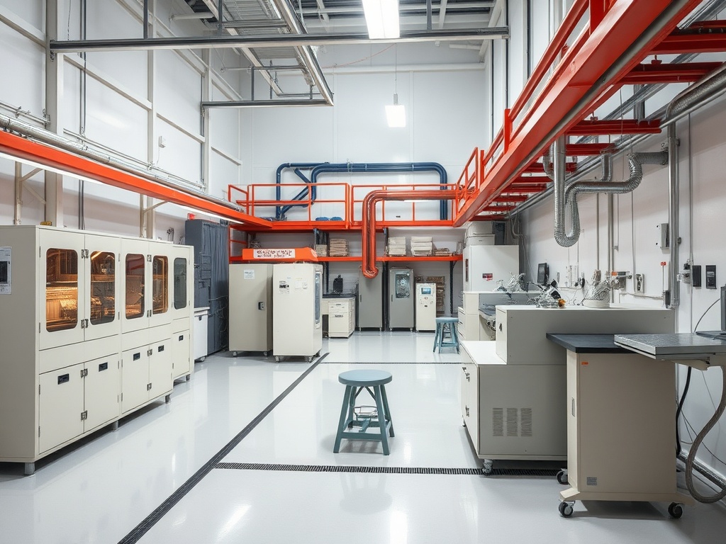 Современная лаборатория с оборудованием, стеллажами и рабочими столами на белом полу. Яркое освещение.