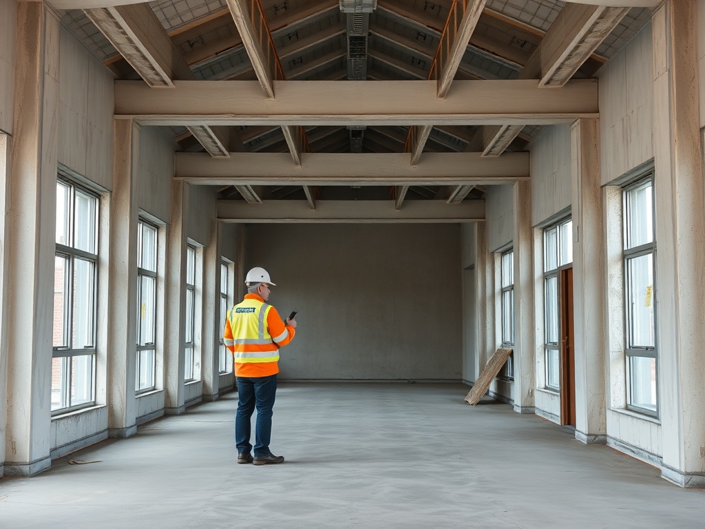 Рабочий в защитной одежде проверяет смартфон в пустом помещении с высокими потолками и окнами.