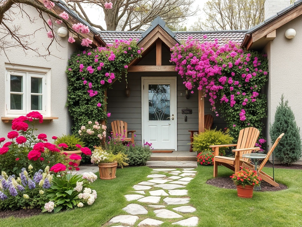 Красивый уютный вход в дом, обрамленный цветами и зеленью, с дорожкой из камней и удобными креслами.
