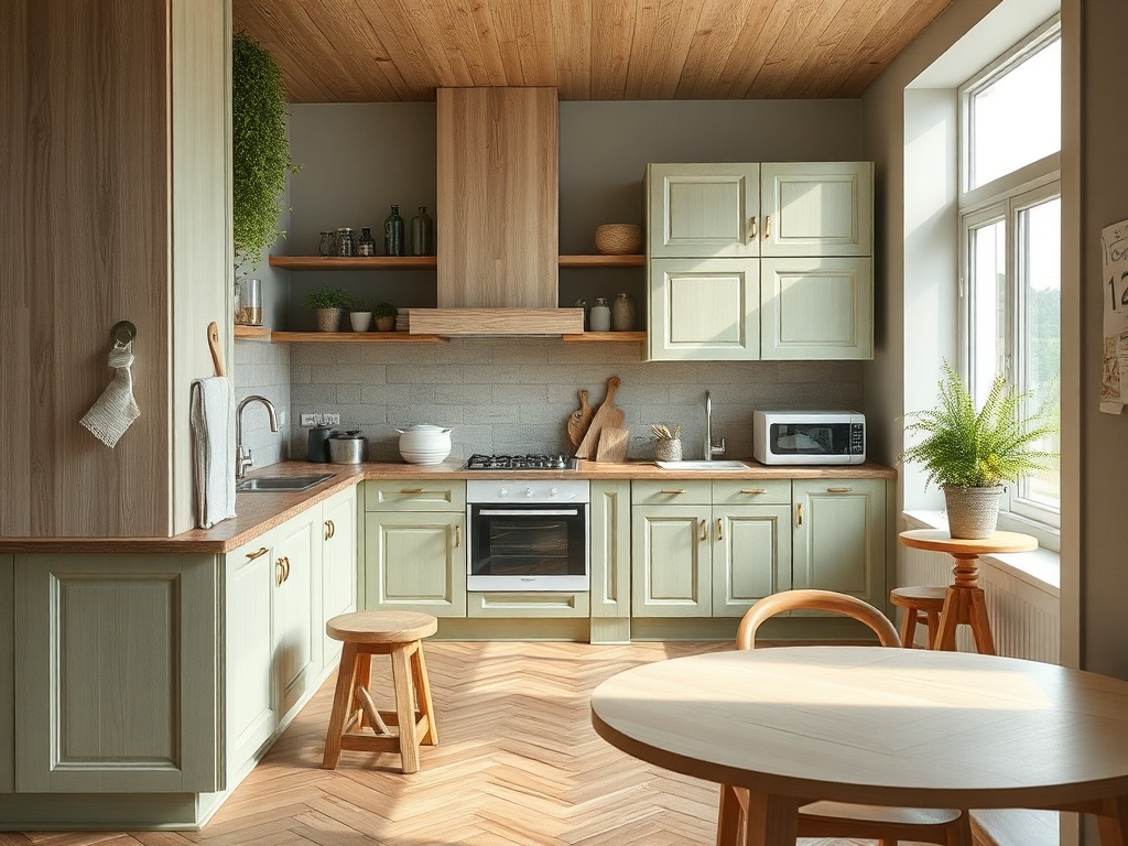 Современная кухня с зелеными шкафами, деревянной столешницей и стильной мебелью. Светлое помещение с окном.