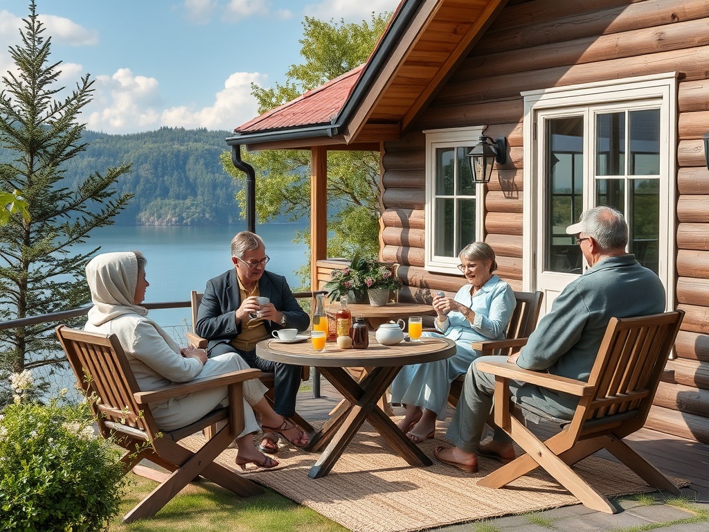 Четыре человека наслаждаются временем друг с другом на террасе у озера в солнечный день.