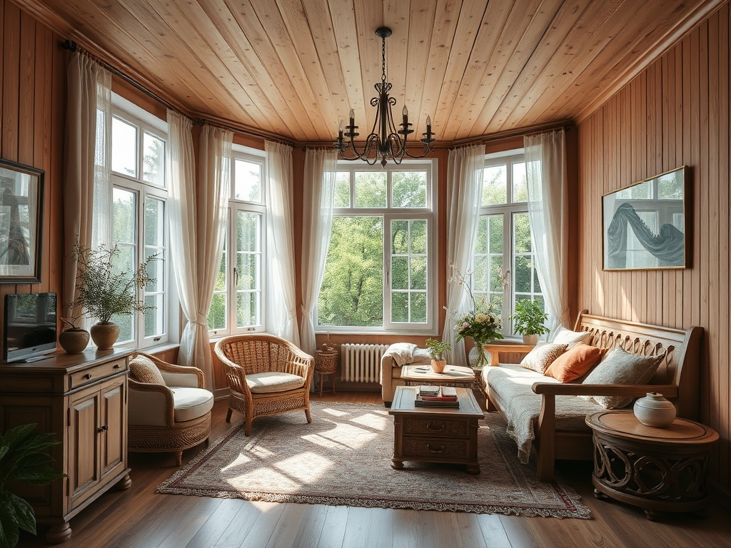 Уютная комната с деревянными стенами, большими окнами и мягкой мебелью, наполненная светом и зеленью.