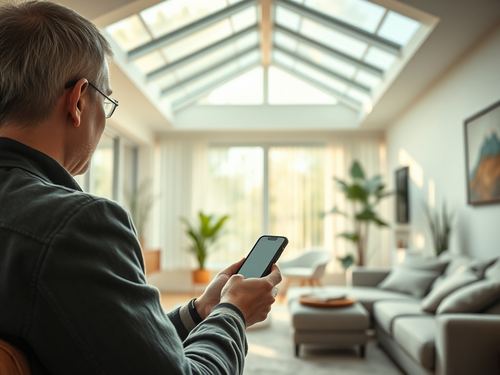 На картине мужчина сидит с телефоном в уютной комнате с большими окнами и растениями.