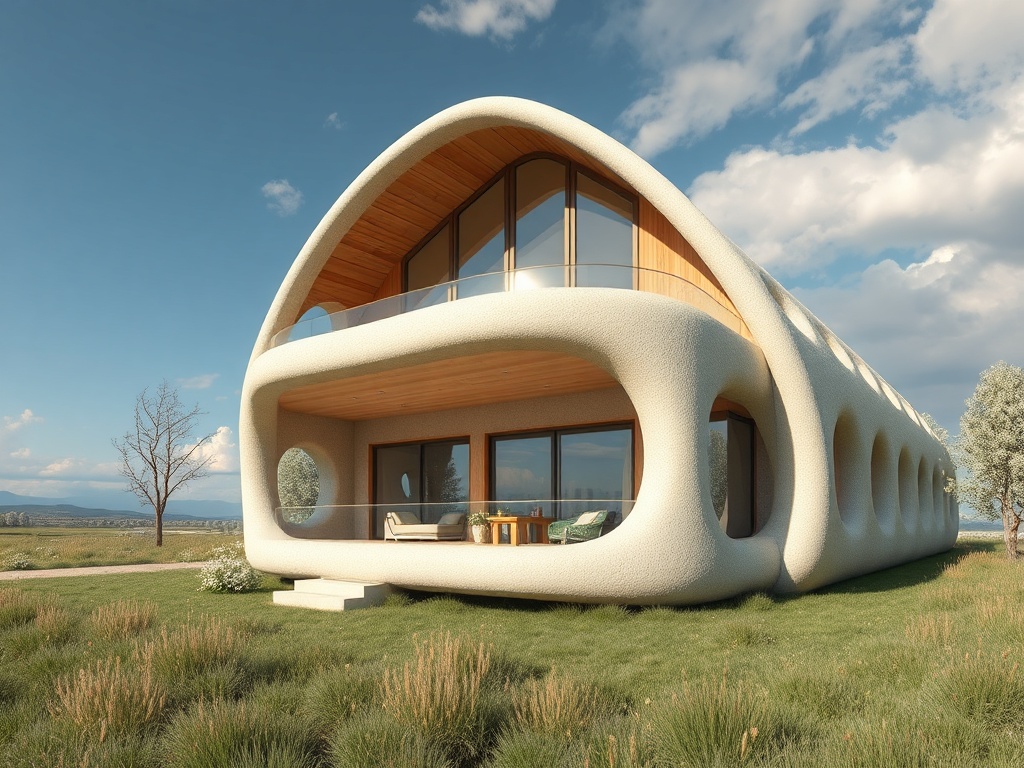 Современный дом с округлой формой, большими окнами и естественным окружением на фоне живописного пейзажа.