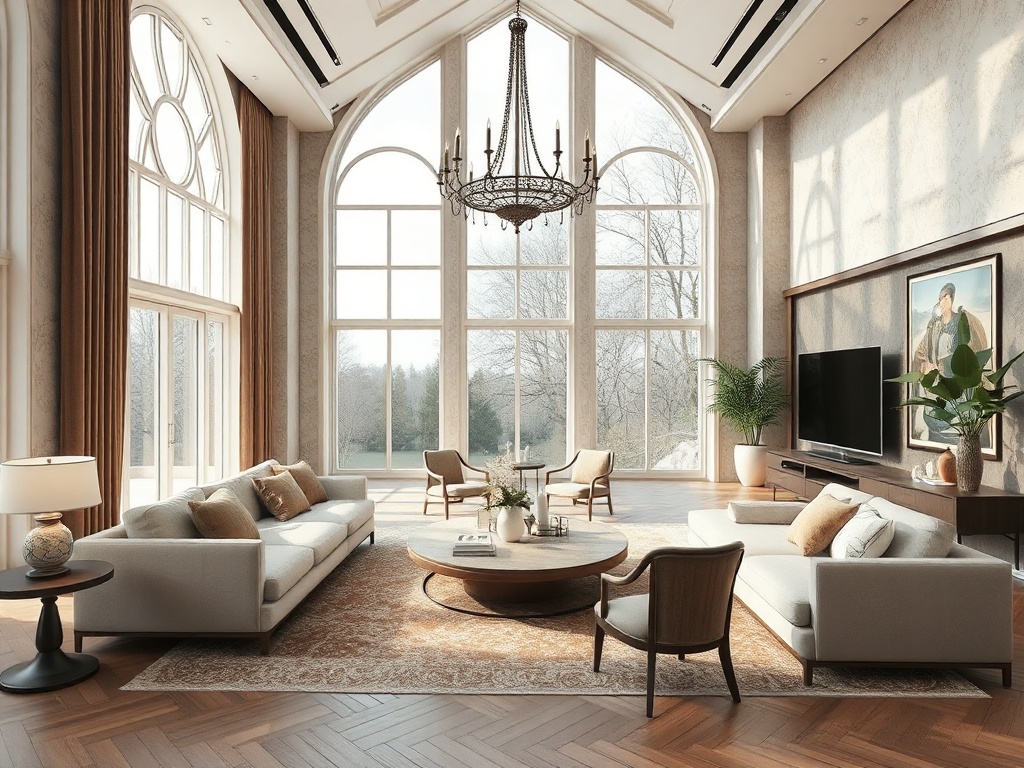 Современный интерьер с высокими окнами, светлым диваном и стильной мебелью, создающий уютную атмосферу.