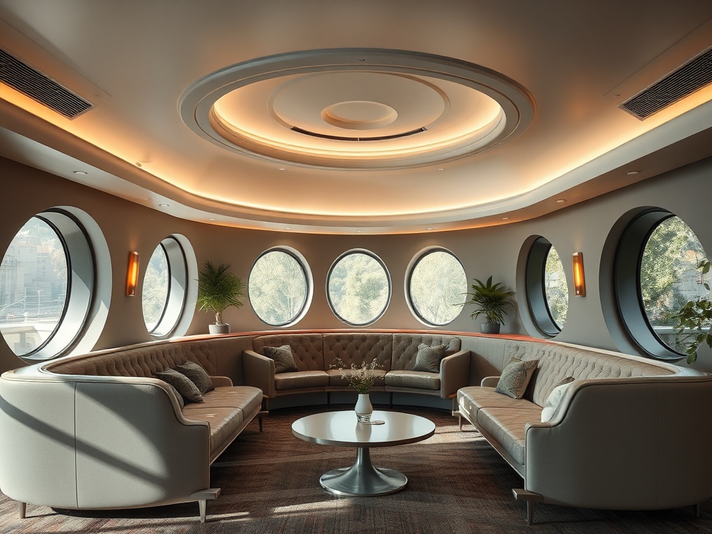 Современный интерьер с окнами в форме кругов, светлым диваном и уютной мебелью. Теплый освещение придает атмосферу.