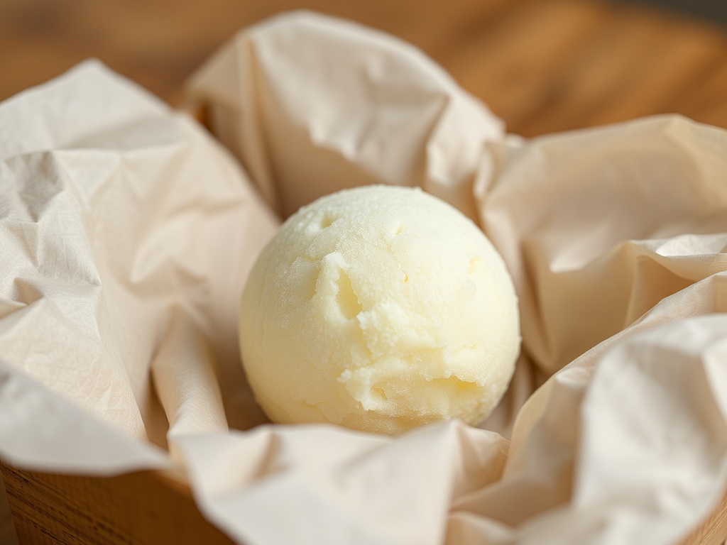 Шарик мороженого в коробке, завернутый в нежную бумагу. Освежающий и аппетитный десерт.