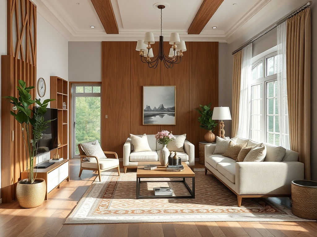 Современная гостиная с деревянными акцентами, мягкой мебелью и большими окнами, заполненными естественным светом.
