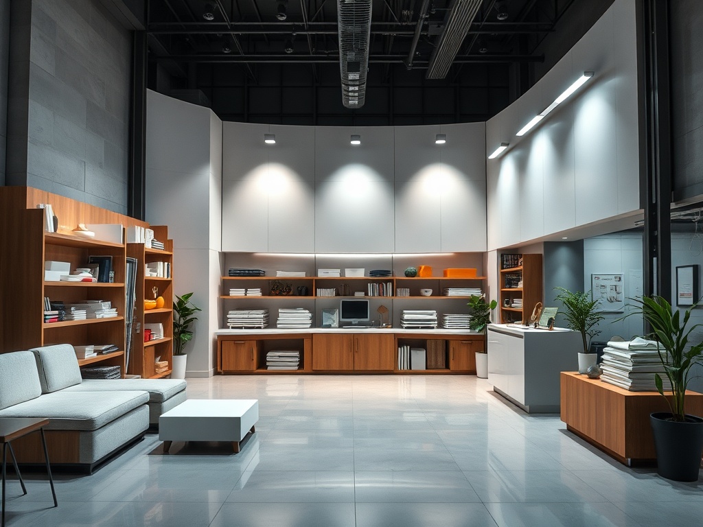 Современный офис с уютной мебелью, полками с книгами и зелеными растениями. Пространство выглядит стильно и удобно.