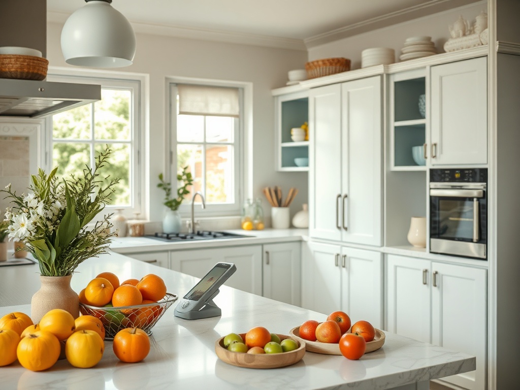 Кухня с яркими фруктами и цветами на столе, современная мебель и светлые тона. Уютная атмосфера.