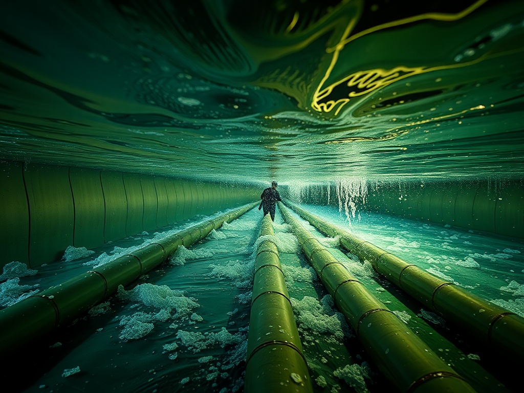Подводный вид на человека, идущего по сельскохозяйственным трубам в воде с пузырьками и зелёным освещением.