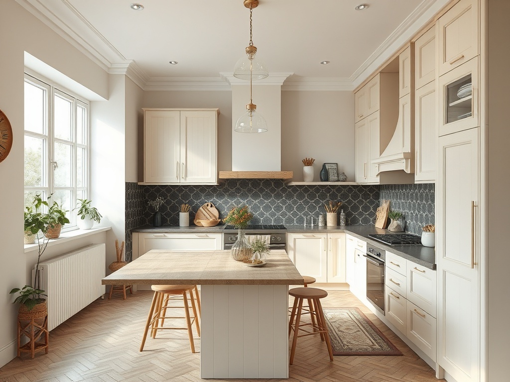 Современная светлая кухня с плиткой, столом и стульями, растениями на подоконнике и деревянным полом.