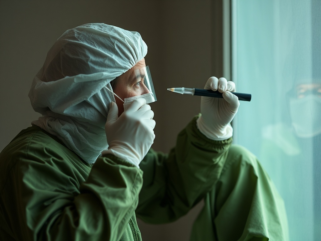 Человек в защитном костюме и маске, смотрит в окно и держит ручку. Стремится к чему-то важному.