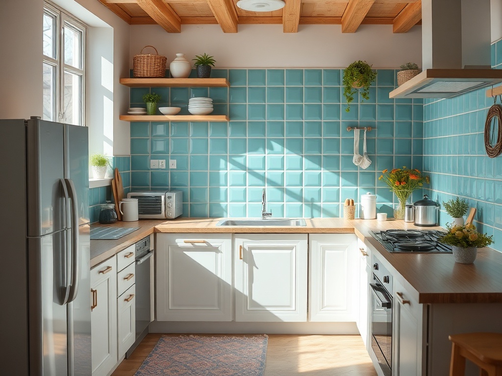 Современная кухня с белыми шкафами и голубой плиткой, наполненная светом и зелеными растениями.