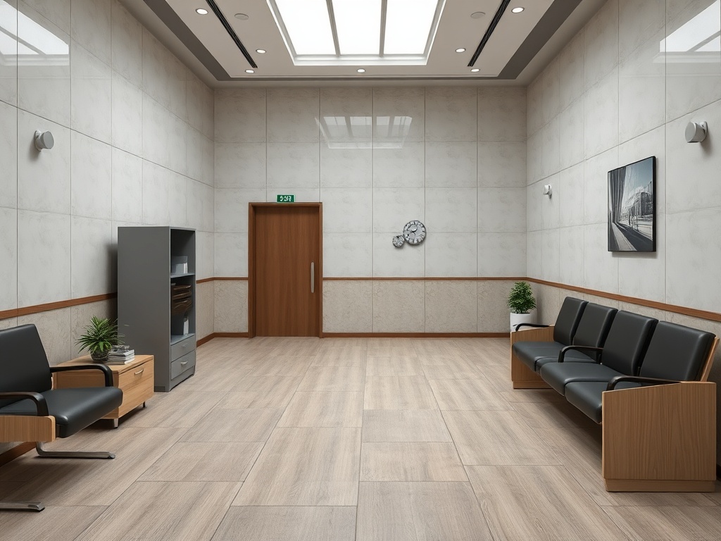 Современный офисный холл с креслами, шкафом и дверью, ярким освещением и минималистичным дизайном.